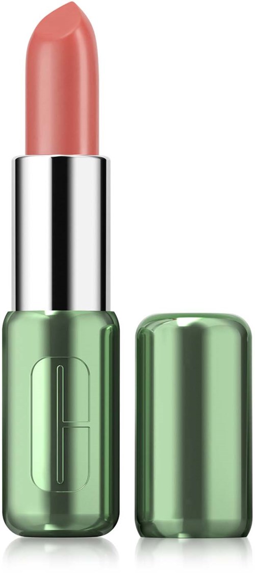 A lipstick with a peach-colored tip in a green and silver tube, and its cap beside it.