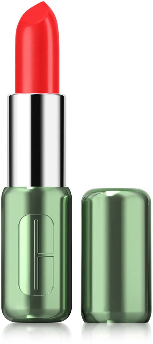 A green lipstick tube with a red lipstick emerging, and the cap is removed and beside it.