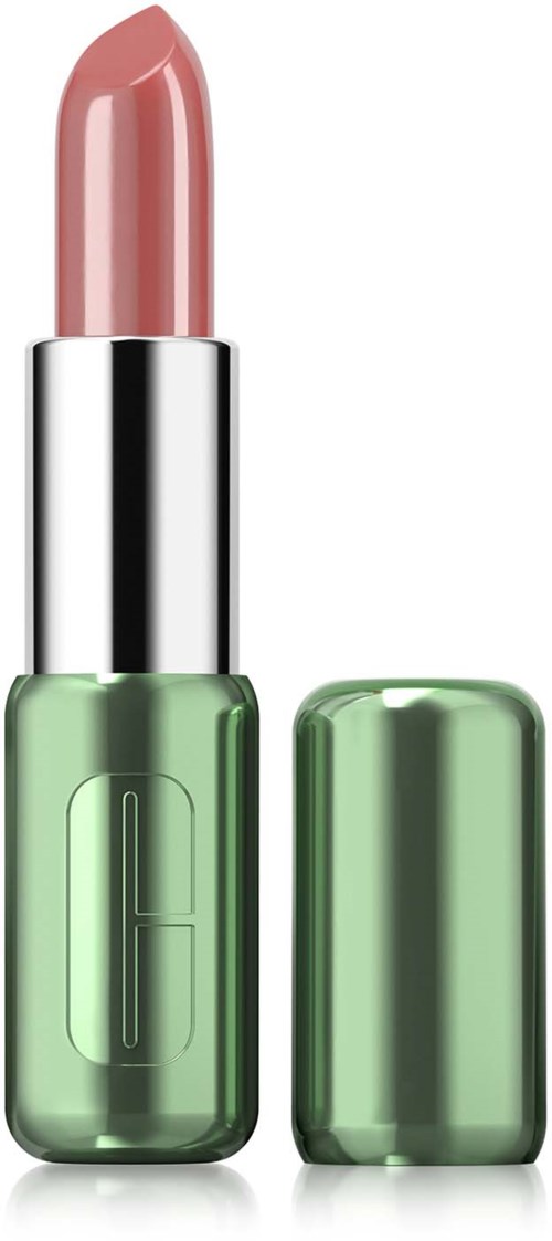 A lipstick with a pinkish color, in a green and silver tube, and the cap is removed.