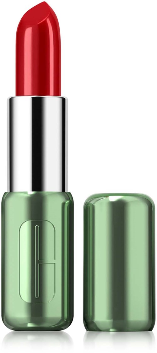 A red lipstick in a green case with the cap removed, showing the lipstick stick.