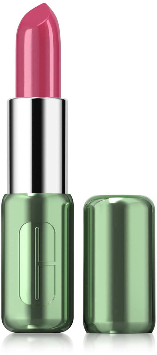 A pink lipstick in a green and silver case, with the lid removed, showing the lipstick.