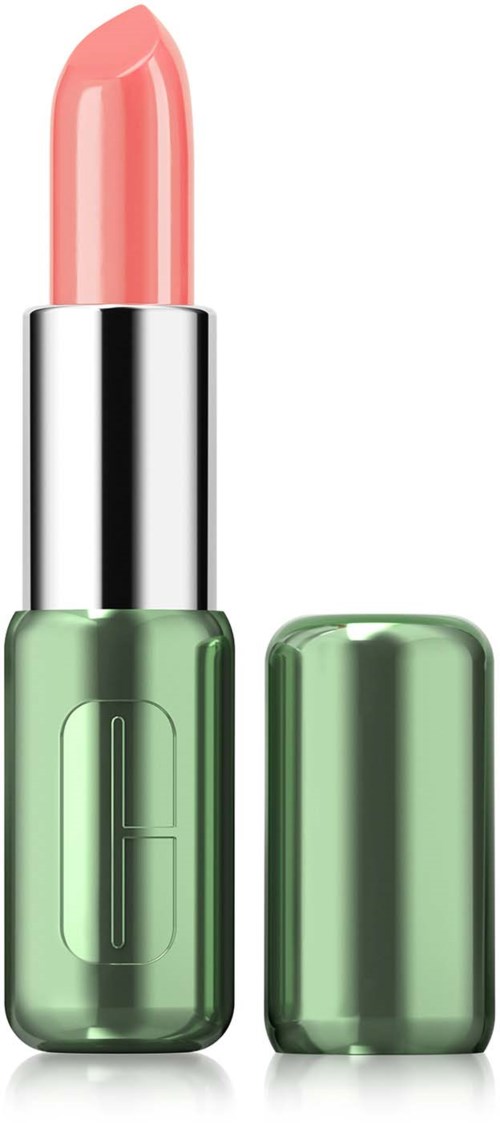 A lipstick with a peach color in a green case, with the cap removed showing the product.