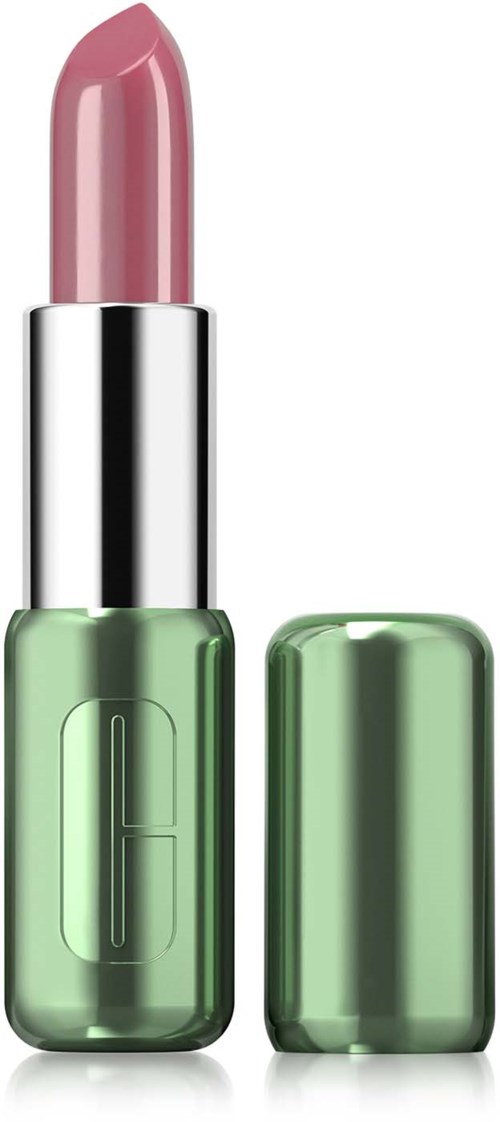A lipstick in a green case with the cap removed, showing pink lipstick inside.