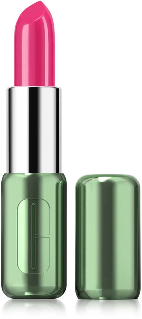 A green bottle of lipstick with a pink lipstick stick on top, no cap shown.