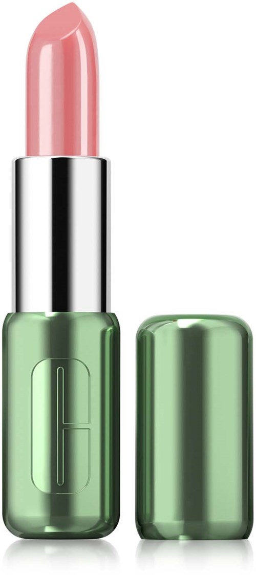 A lipstick with a pink color, inside a green case with a separate lid. The top is rounded and shiny.