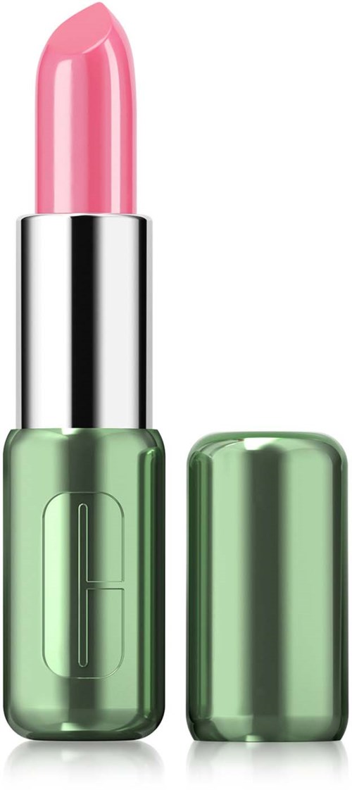 A pink lipstick in a green and silver case, with the lid open showing the lipstick.