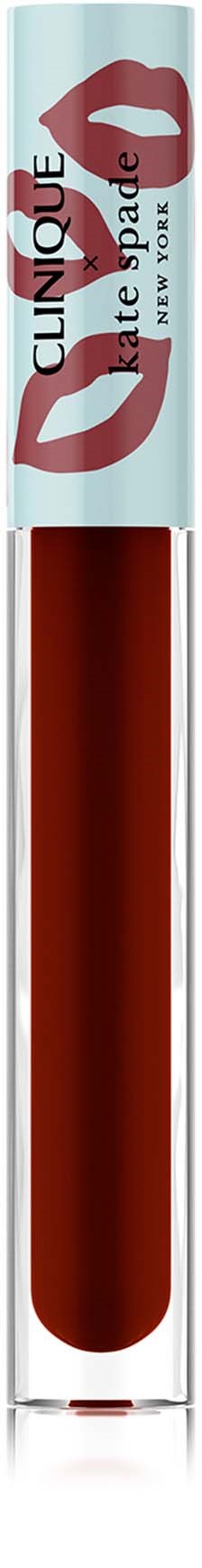 Lippenpflegestift mit roter Farbe und Clinique-Logo, Lippen Illustration und Text, vor schwarzem Hintergrund.