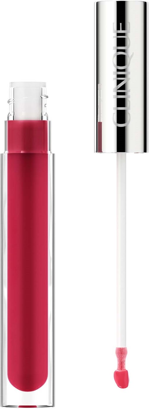 Ein Lipgloss-Dose mit silberner Kappe und pinkem Glanz, mit Markenname auf der Kappe.