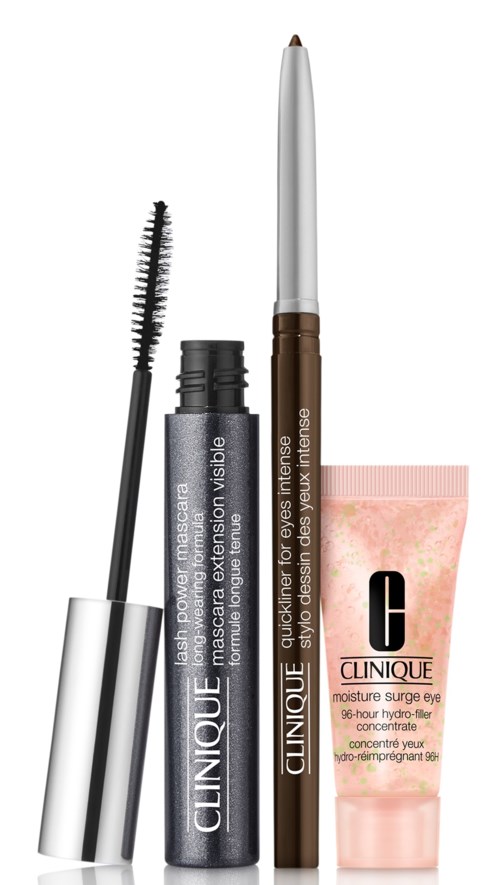 Ett set sminkprodukter inklusive mascara, en brun eyeliner och en rosa fuktighetskräm från Clinique.