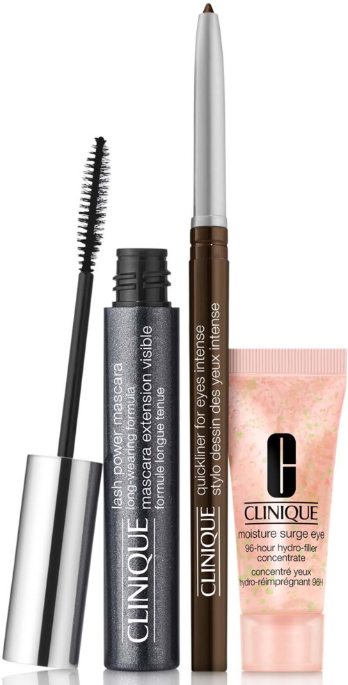En samling makeup-produkter inklusive mascaraförlängare, eyeliners och ögonkräm, med borstar och tuber uppställda.