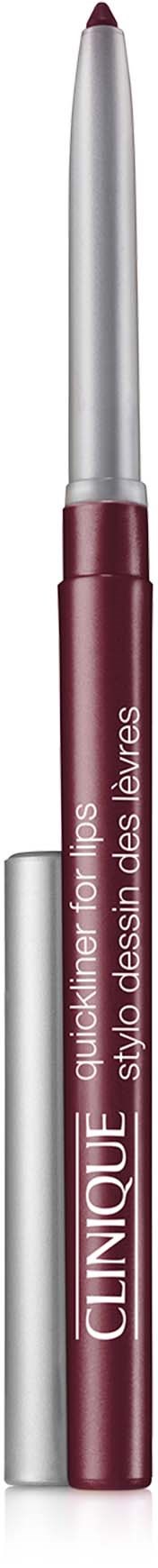 Einen Stift mit silberner Kappe und bordeauxrotem Körper, beschriftet "Clinique" und "stylo glissant des lèvres."