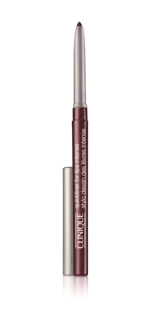 A lipstick with a silver cap and maroon body, labeled "Clinique."