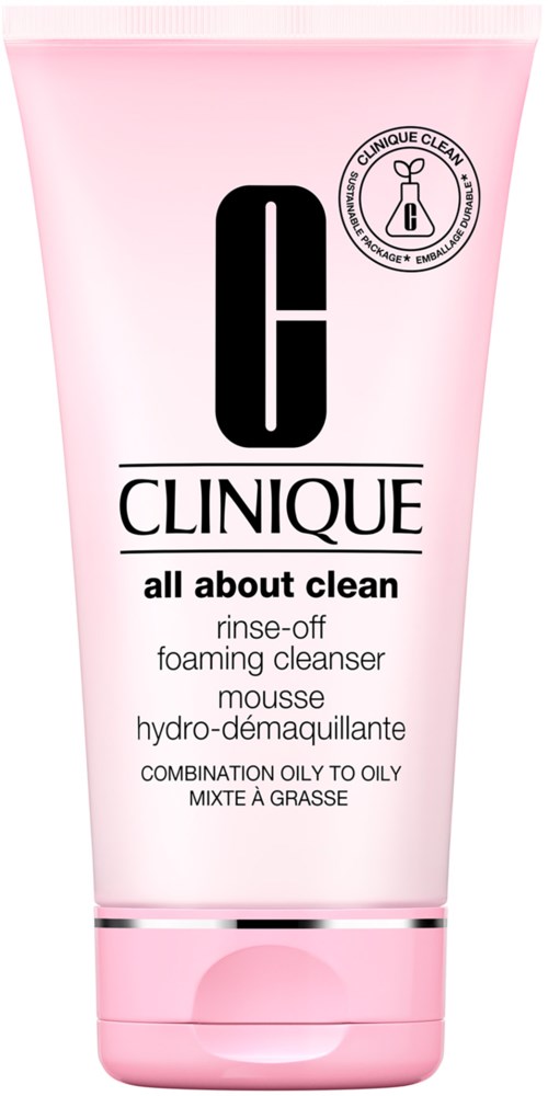 Lyserød tube med Clinique ansigtsvask til fedtet hud, mærket 'all about clean' og 'rinse-off foaming cleanser.'