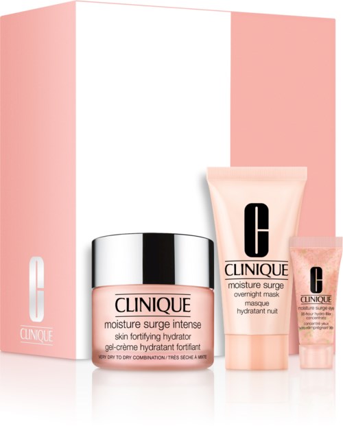 Clinique hudvårdsset med fuktighetskräm, mask och liten tub, i mjuk rosa förpackning.