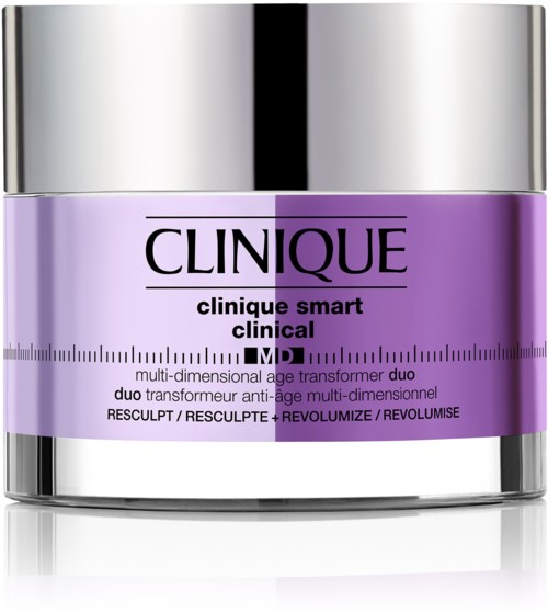 En lila och silver burk med Clinique hudvårdsgrädde med varumärkesdetaljer och produktfördelar.