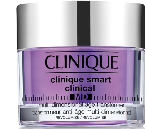 En lila kräm i en klar glasburk med silvrigt lock, märkt 'Clinique Smart Clinical MD'.