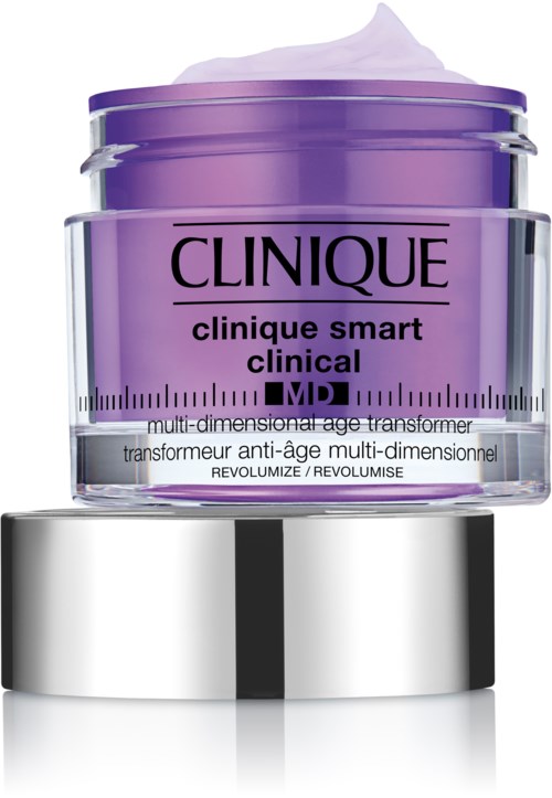 Lila burk med Clinique Smart Clinical Multi-Dimensional Age Transformer kräm. Silverlock reflekterade ljus. Märkesnamn på framsidan.