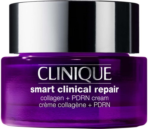 Ein lila Tiegel mit Clinique smart clinical repair collagen und PDRN Creme mit silberner Abdeckung.