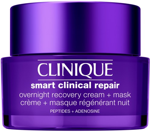 En lila burk med Clinique Smart Clinical Repair nattkräm med peptider och adenosin.
