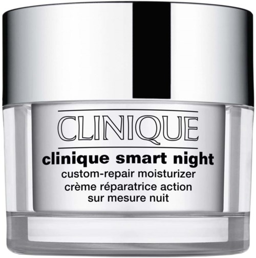 Et glass med Clinique Smart Night fuktighetskrem med sølvhette og enkel svart-hvit etikett.