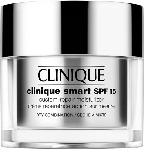 En klar beholder med sølvhætte, indeholder Clinique hudplejecreme mærket som fugtighedscreme med SPF 15.