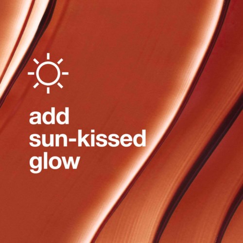 En logo med en solikon och texten: add sun-kissed glow. Bakgrunden har glänsande, vågiga bruna-orange färger.