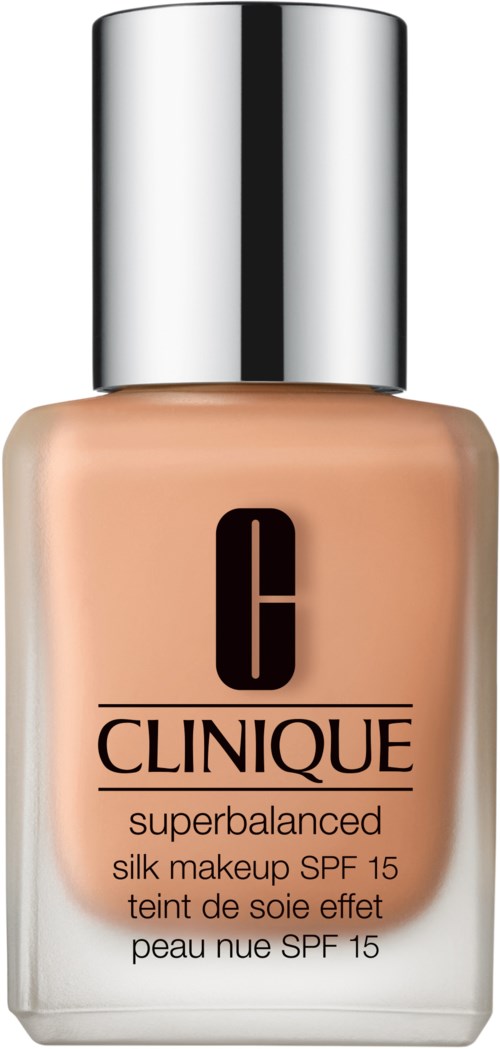 A bottle of Clinique Superbalanced Silk Makeup SPF 15 foundation in beige color with a silver cap.