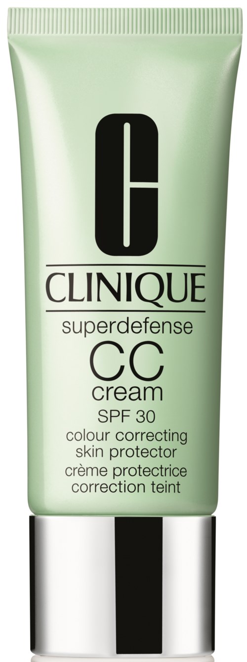 En ljusgrön tub med Clinique CC-kräm med SPF 30 och svarta och silverdetaljer.