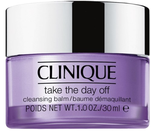 En lila burk av Clinique hudvårdsprodukt som heter 'Take the Day Off', med ett silverlock och produktbeskrivning på etiketten.