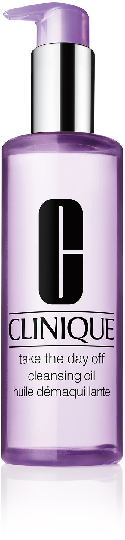Fioletowa butelka z pompką, oznaczona Clinique Take The Day Off Cleansing Oil.