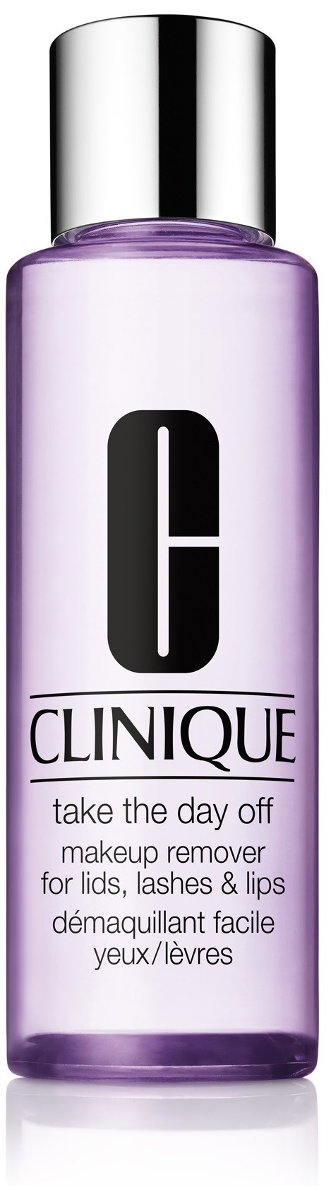 Lila fles met Clinique make-up remover, zilveren dop, voor ogen, lippen en wimpers.