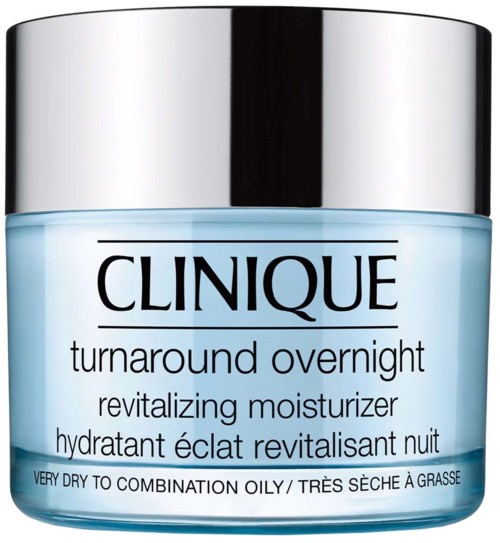 A jar of Clinique moisturizer labeled 'turnaround overnight' for very dry skin with a shiny silver lid.