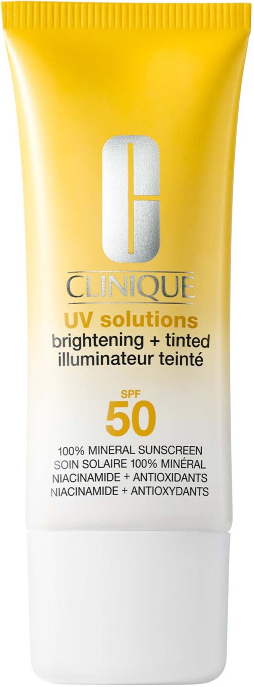 Gelbes und weißes Sonnencreme-Rörchen mit Clinique UV solutions SPF 50. Bietet Aufhellung und gefärbten Schutz.