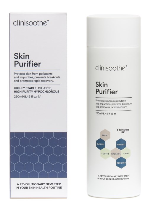 Eine weiße Flasche und Box von clinisooth Skin Purifier, die die Haut schützt und schnelle Erholung fördert.