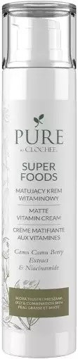 Hopea pullo, jossa valkoinen etiketti ja tekstit 'PURE,' 'SUPER FOODS,' ja vitamiinikerman tiedot.