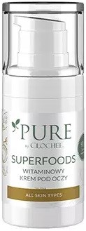 En hvid flaske med pumpe, mærket 'Pure' og 'Superfoods' til huden, med grøn bladedesign.