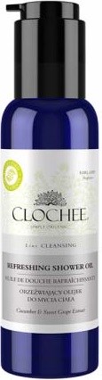 Blå flaska med vit etikett och svart lock, märkt 'Clochee Refreshing Shower Oil'.