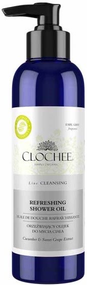 Blå flaska med Clochee återfriskande duscholja med pump och vit etikett.