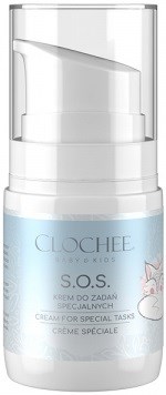 En vit och ljusblå burk med vårdkräm med pump märkt 'Clochee SOS' för känslig hud.