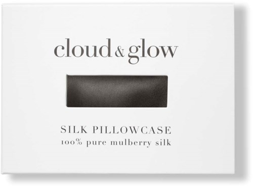 Etykieta na poduszkę z jedwabiu z napisem 'cloud & glow', 100% czysta jedwabna mulberry.