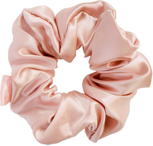 Ein rosa Satinschlaufe mit gekräuseltem Stoff, zum Binden der Haare zu einem Pferdeschwanz oder Dutt.