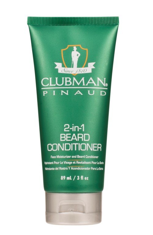 Grüne Tube mit Clubman Pinaud 2-in-1 Bart Conditioner, mit einem weißen und goldenen Logo darüber. Enthält 89 ml.