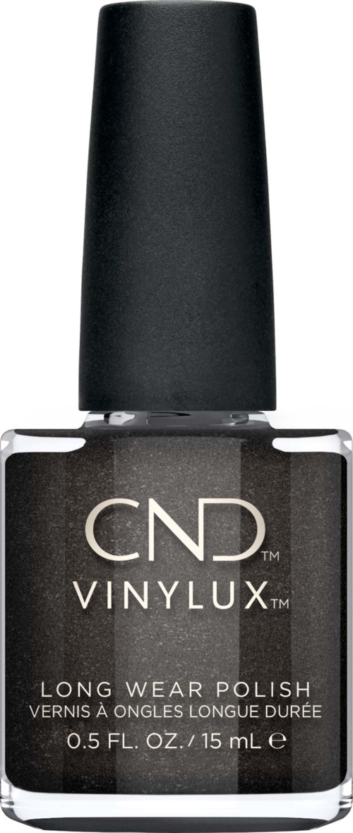 En liten, mörkgrå nagellacksflaska märkt 'CND VINYLUX' med svart lock.