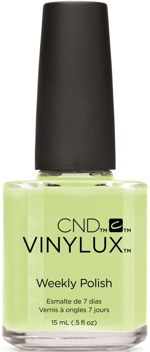 Ljusgrön nagellacksflaska med svart lock, märkt "VINYLUX" och "Weekly Polish."