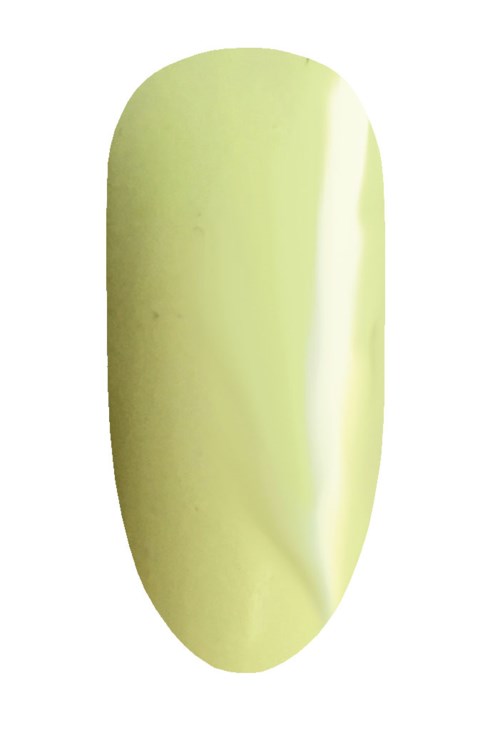 En ljusgrön, slät och förlängd nagel med en glänsande yta.
