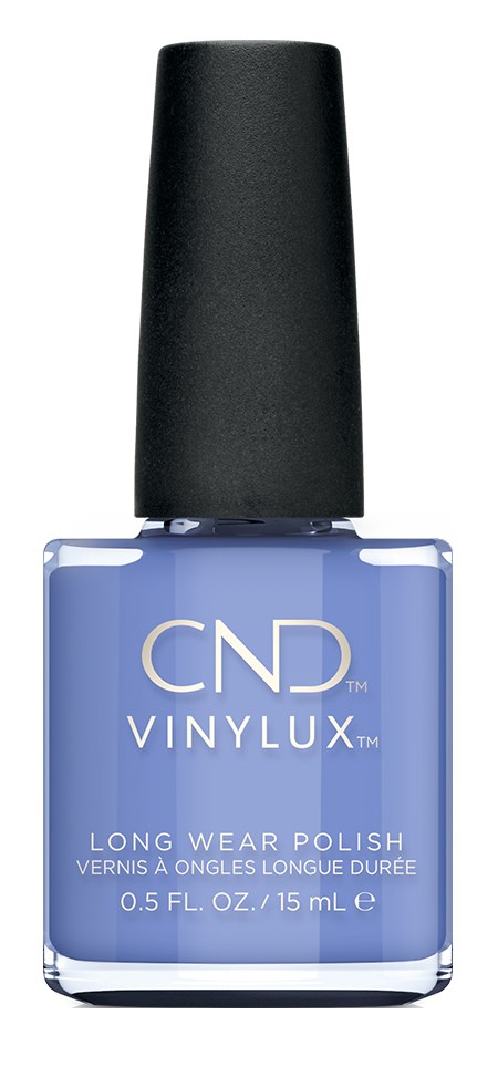 Niebieska butelka lakieru do paznokci CND Vinylux o długotrwałym efektcie z czarnym zamknięciem.