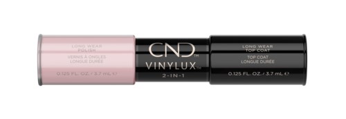 En makeupprodukt med to farver, pink og sort, mærket CND Vinylux, til langvarigt neglelak.