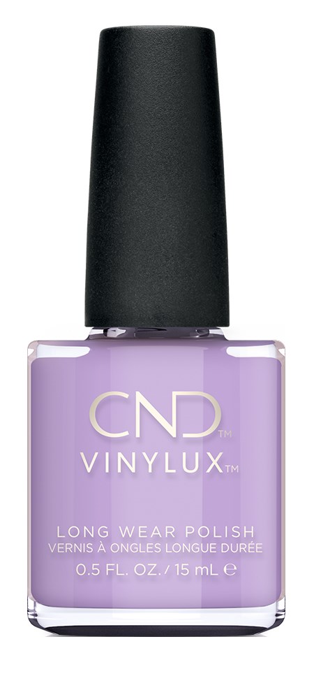 Butelka fioletowego lakieru do paznokci z czarną nakrętką, marka CND VINYLUX, długotrwały, 15 ml.
