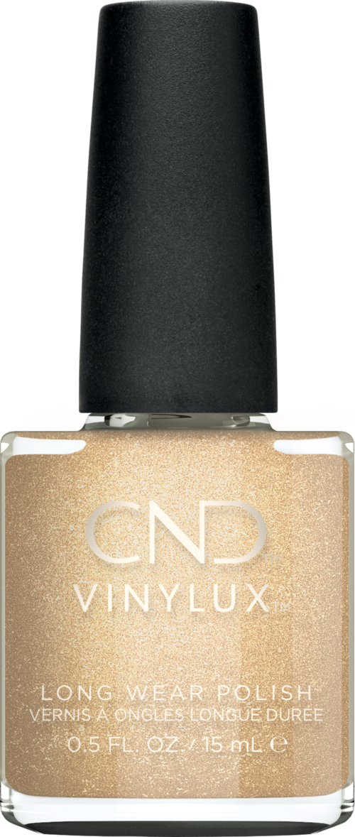 Butelka lakieru do paznokci CND Vinylux w kolorze beżowym z czarnym zakrętką.