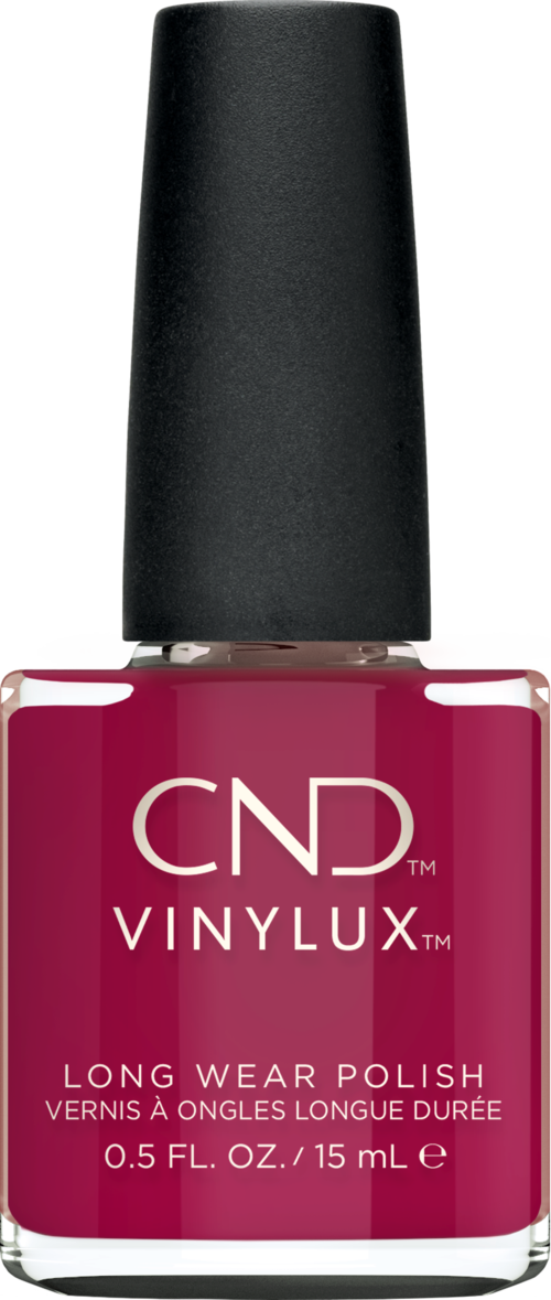 Butelka lakieru do paznokci CND Vinylux, długi czas noszenia, ciemnoróżowy kolor z czarnym wieczkiem.